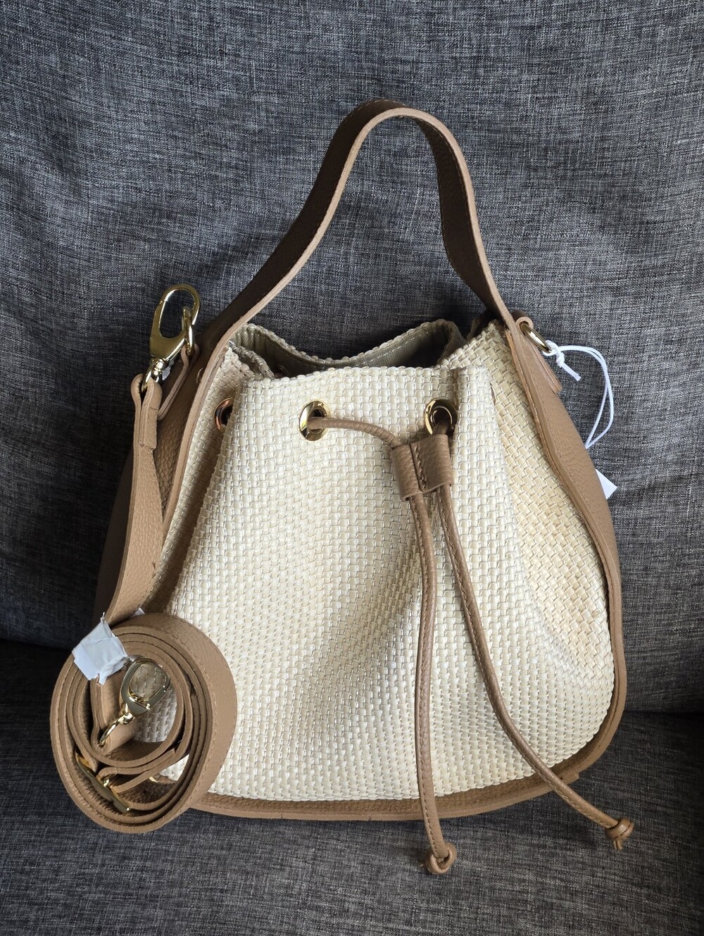 Anna Paola Italian Genuine Leather Raffia Crossboy Cream/Tan Hand Bag 12x9x8 NEW